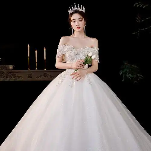 一字肩主婚纱2022新款新娘礼服气质新娘宫廷风法式大拖尾轻纱夏季