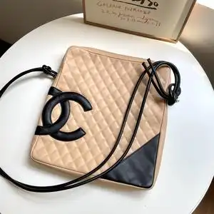 chanel香奈儿二手中古包羊皮康鹏奶茶色斜挎包电脑包男包