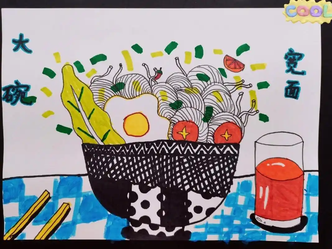 《大碗宽面》 7-8岁创意儿童画 课题《大碗宽面》 教学目的 1:了解