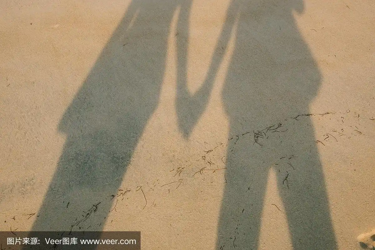 海滩上,情侣们手牵着手的影子.