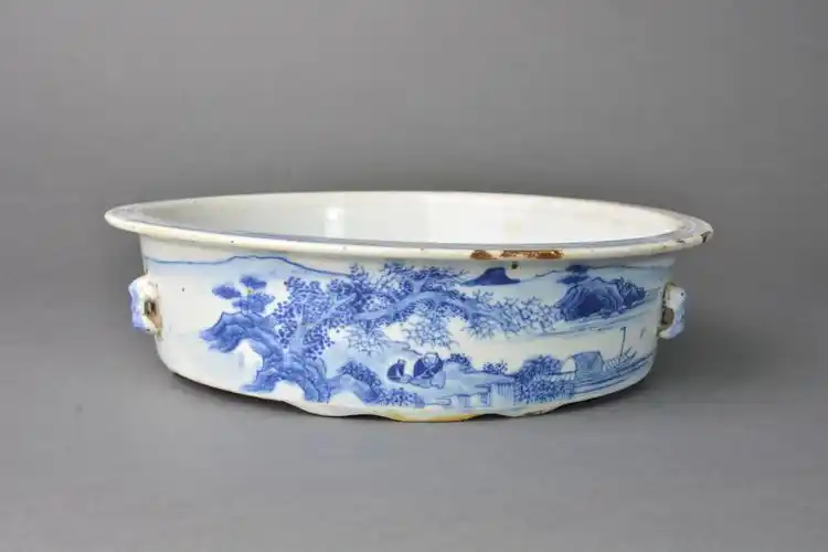 清乾隆青花纳凉泛舟图四系笔洗