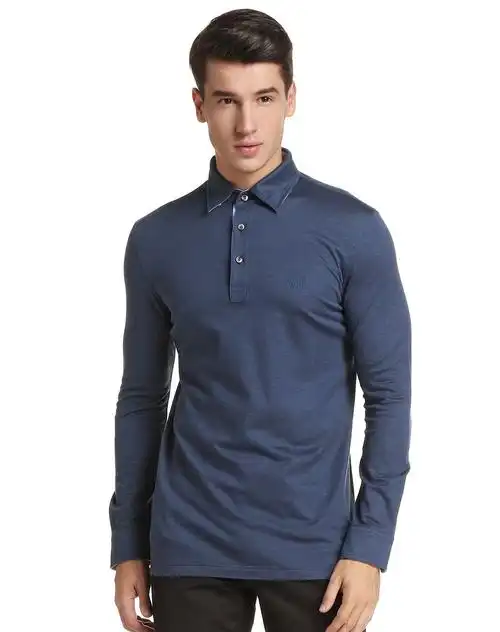 深灰蓝色简约百搭翻领长袖t恤