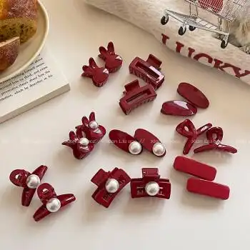 众蝶喜庆红色新年珍珠抓夹侧边夹子头饰小发夹后脑勺迷你bb夹鲨鱼夹