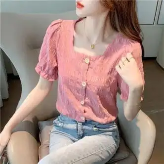 ahka夏季短袖雪纺衬衫女装2023年新款设计感半袖小衫洋气欧货短款上衣