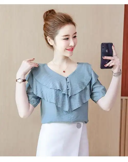 女式夏天短袖衫衣雪纺衬新款潮女装2020年季上洋气衬款遮肚小 杏色 s