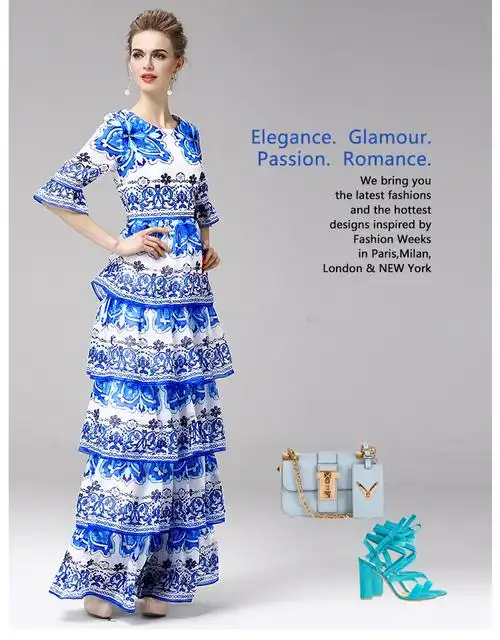 2017秋冬新品欧洲站走秀款青花瓷印花长裙修身蛋糕蓬蓬裙