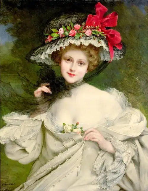油画欣赏戴着红色蝴蝶结帽子的女孩