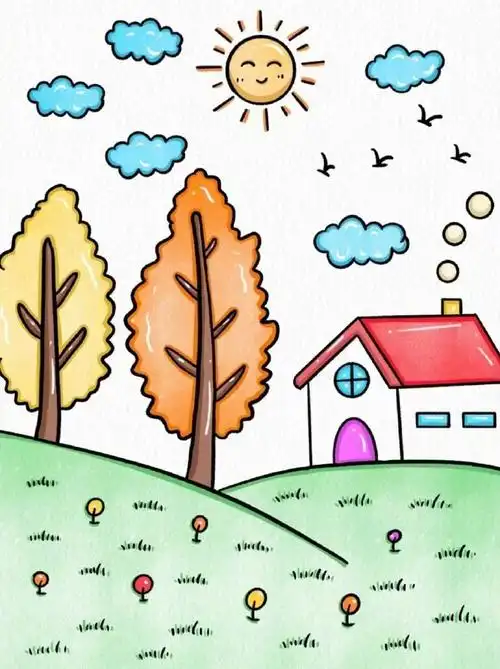 简单好看的秋天风景画~#简笔画