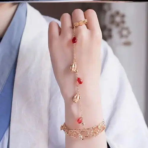 超仙古风一体式手链手镯仙女戒指铃铛流苏汉服手链