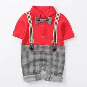 新生婴儿连体衣服春秋红色背带绅士满月百天宝宝周岁 span class=h>