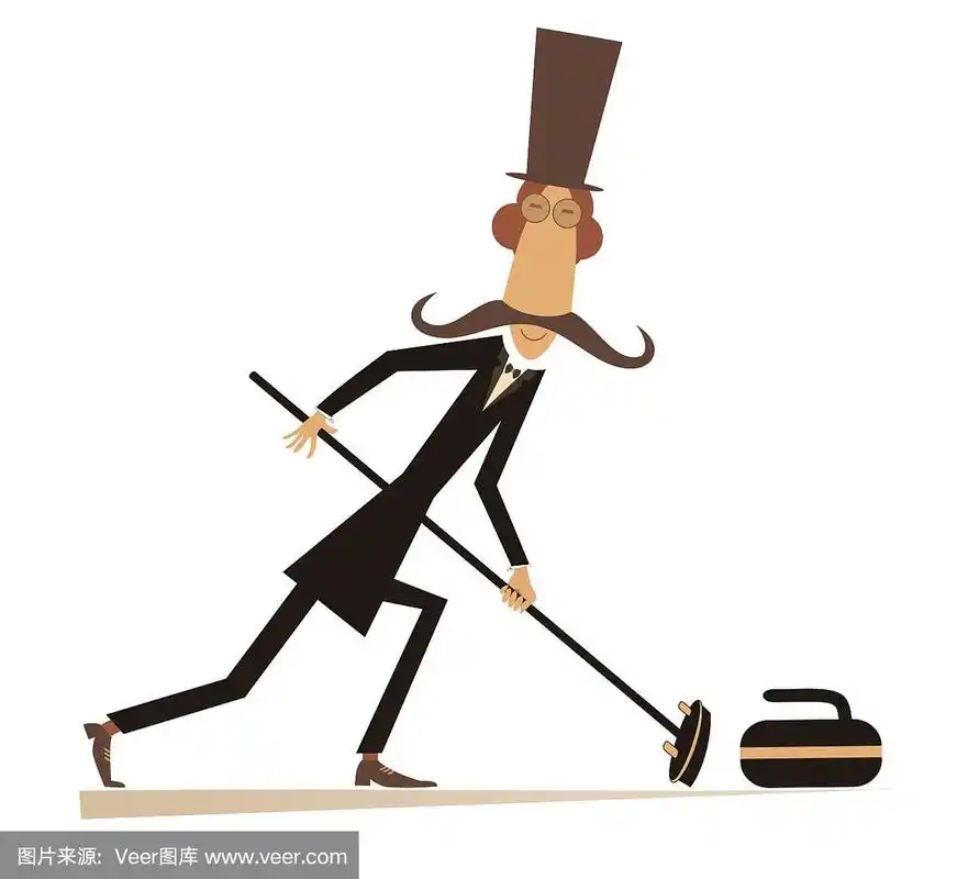 戴大礼帽的小胡子男人玩冰壶孤立的插图