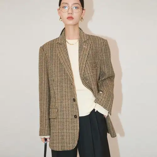 四媛 早秋c家秀款高定棕色格纹西装欧美风气质通勤好搭西装外套女
