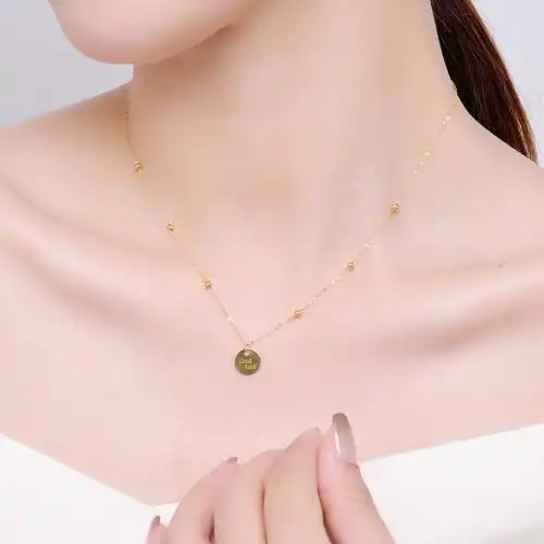 老庙18k金项链项链彩金goodluck幸运圆牌锁骨颈饰