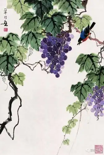 现当代名家黄幻吾笔下的葡萄小鸟