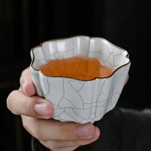 李斌新品汝窑复古古风茶具单杯个人铁线金丝茶杯