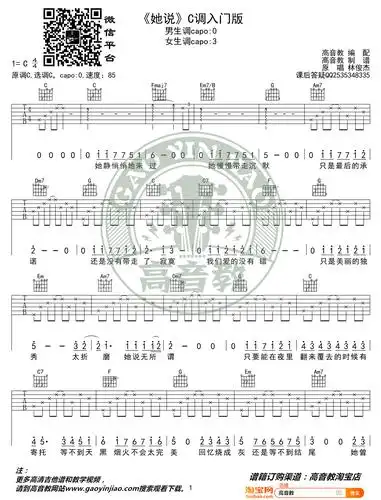 林俊杰《她说》吉他谱_c调简单版_入门弹唱谱