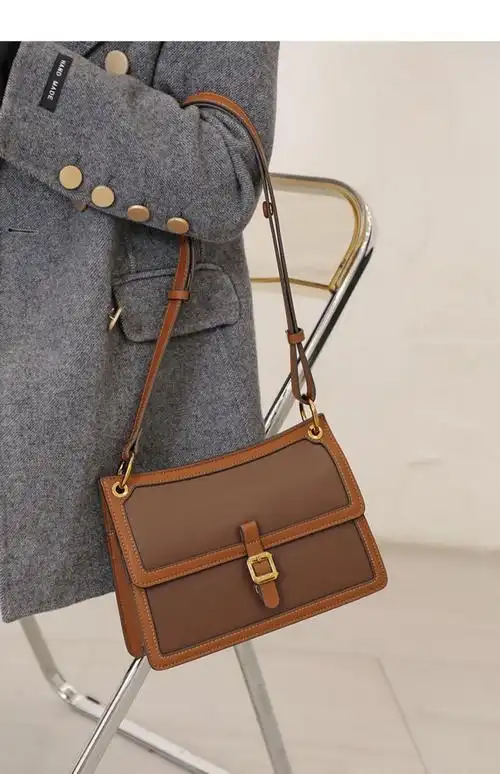 醉米牛皮女包质感包包新款潮ins小众轻奢品牌单肩斜挎包米咖