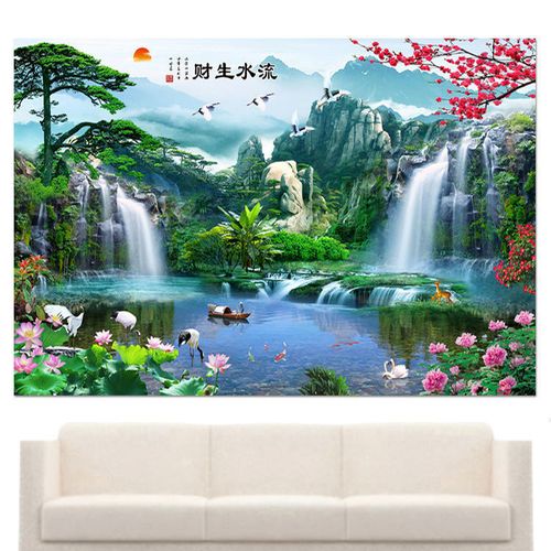中国山水墙壁画  自粘中式风景流水生财客厅书房装饰画  定制