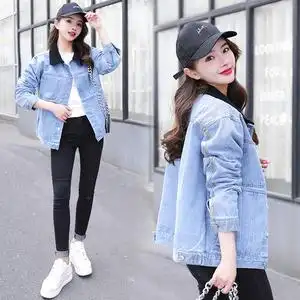 浅蓝色牛仔外套女春秋2021新款韩版宽松拼接灯芯绒翻领时尚外衣潮