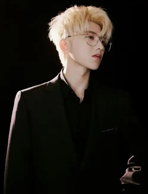 蔡徐坤金丝眼镜黑西装造型##蔡徐坤金发金丝眼镜造型