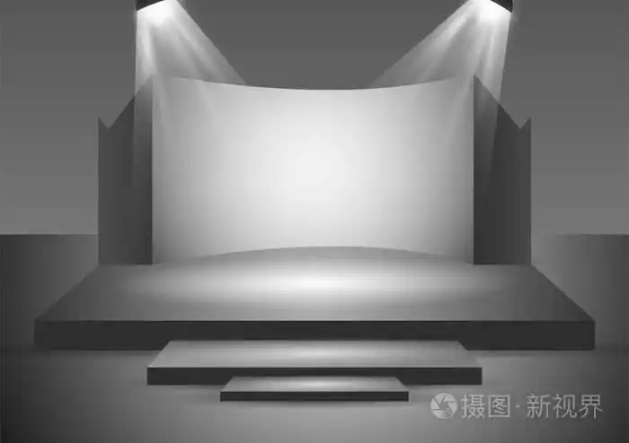 空舞台讲台与聚光灯在空白的演播室房间进行演示