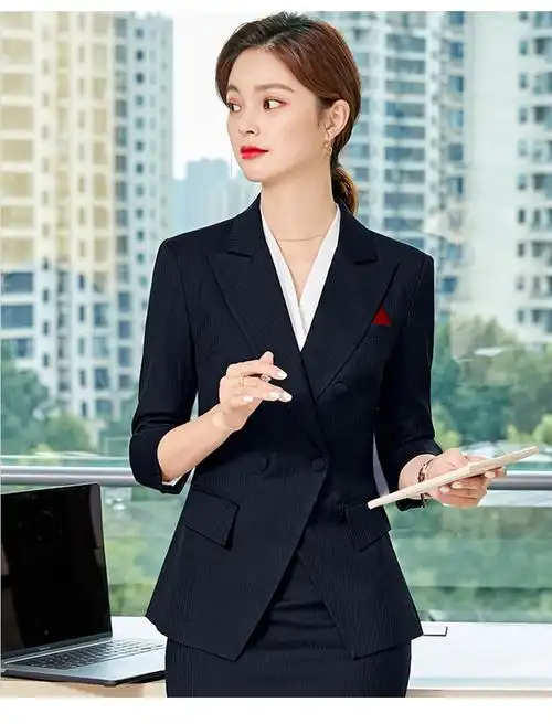 罗蒙职业装气质女神范前台工作装女士职场套装西装售楼部工作服女藏青