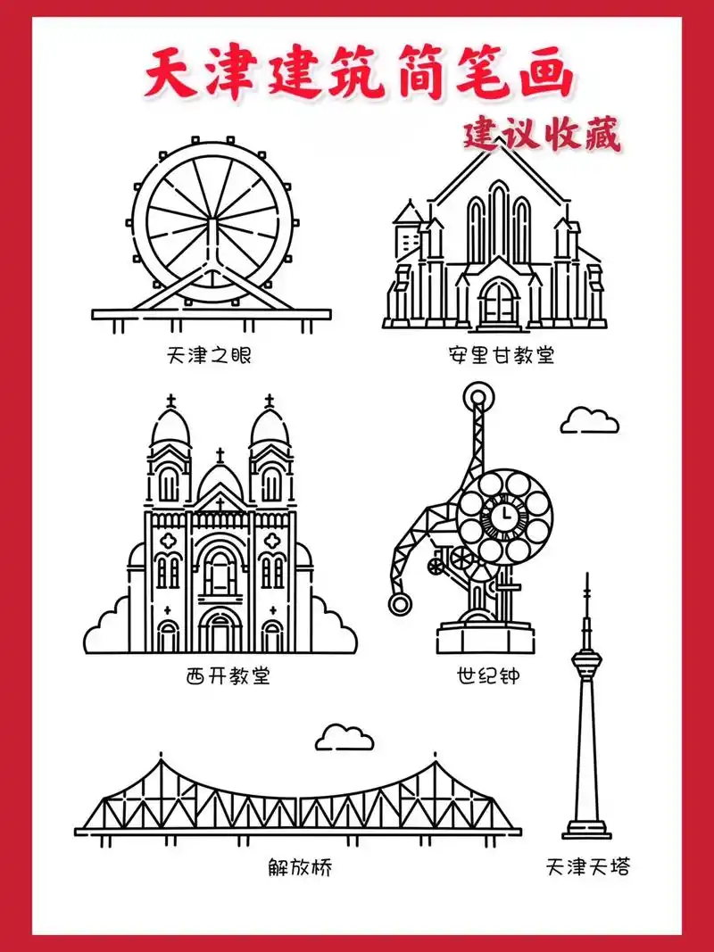 天津建筑简笔画 天津之眼简笔画 西开教堂.有用!