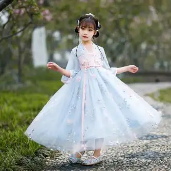 思迪萌儿童汉服中大童女孩夏季中国风女童连衣裙小孩古装洋气樱花网纱