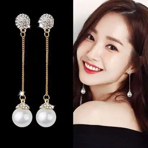 流行红色珍珠耳坠耳环流苏韩国满钻长链贝壳耳饰耳环女 2对