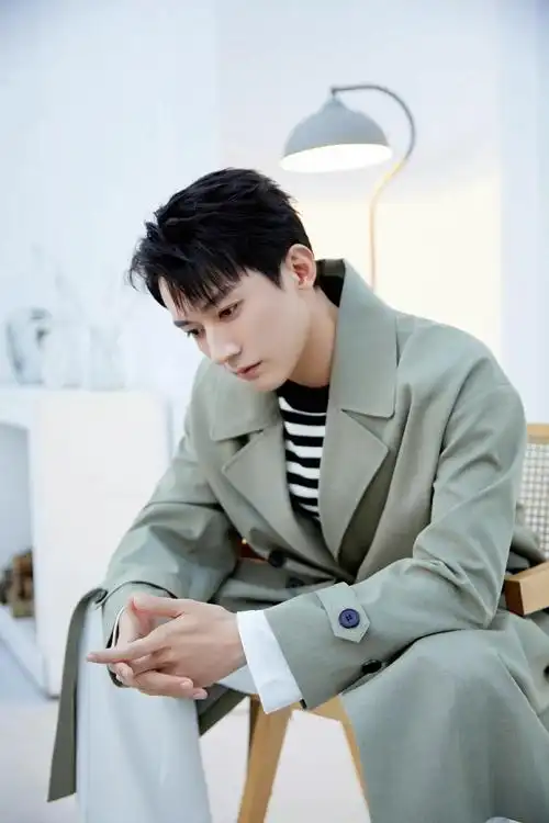 刘学义绿色风衣造型写真图五官立体帅气侧颜