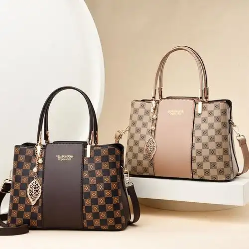 外贸女包包新款大容量日常通勤手提包复古百搭格子斜挎单肩包包女