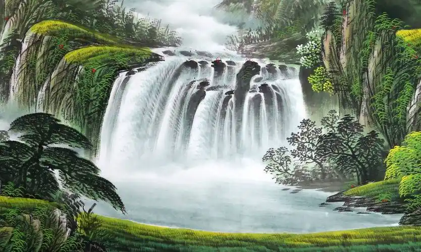 同城网聚宝盆山水画内容十分深刻,前有发财路,后又有靠山,左边招财树