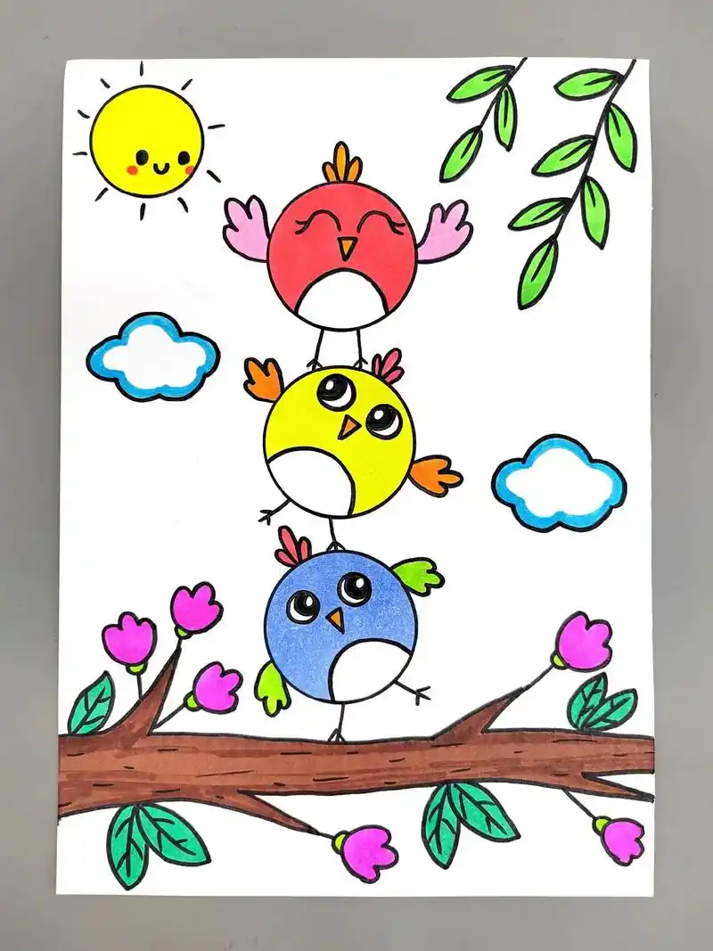 小鸟简笔画!教你用圆形画树枝上的小鸟,简单又可爱,快来试试吧 - 抖音