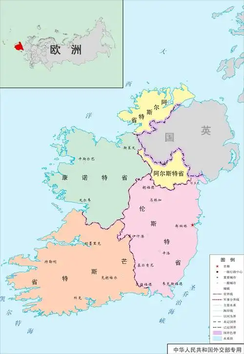 从上面地图中可以看出,爱尔兰全国只有4个省,其中还有一个省的形状很