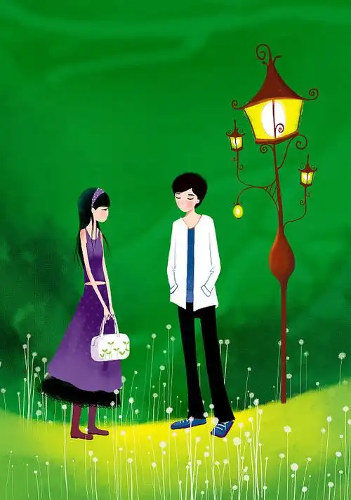 唯美浪漫情侣时尚插画系列-路灯下两个男孩女孩图片