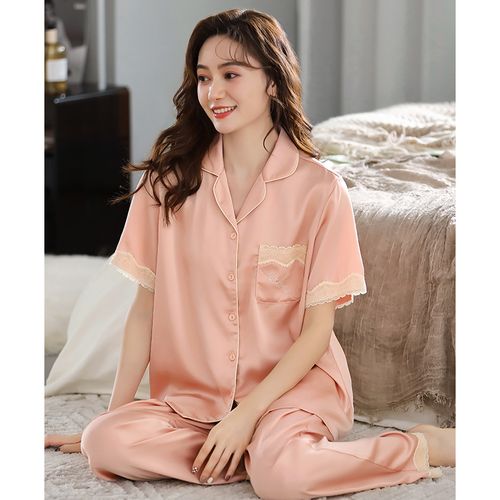 睡衣夏季冰丝短袖长裤薄款夏天女款仿真丝绸睡衣