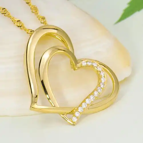 梦克拉18k金群镶钻石吊坠心形桃心金色双心项链心形吊坠恋语