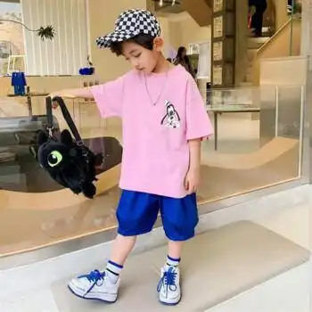 童韩版男孩帅洋气童装潮装粉色后背猴哥印花套装150码建议身高140厘米