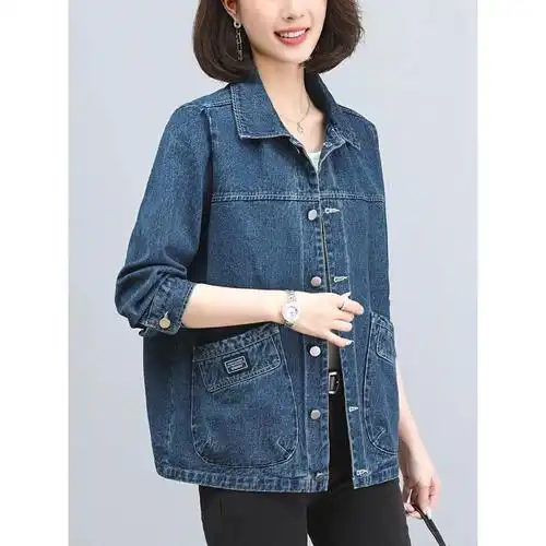 薄款 翻领牛仔上衣 休闲大码 宽松中年妈妈短款 牛仔衬衫 - 女装/女士
