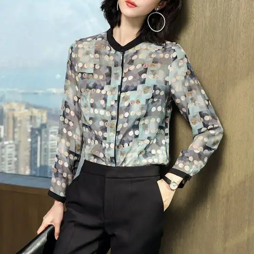 真丝衬衫女长袖2020春季新款女装时尚气质波点拼色印花桑蚕丝上衣