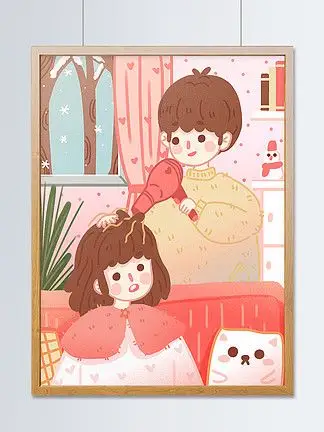 扁平冬天情侣日常在家里 i>帮 /i>女朋友吹头发男孩