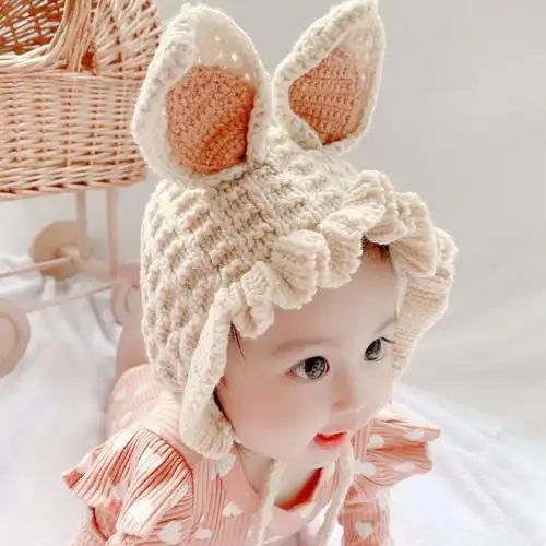 韩国新生婴儿卡通耳朵毛线秋冬季幼童宝宝可爱帽子