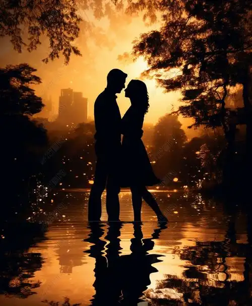 情人节七夕情侣中式剪影轻吻合影浪漫唯美时尚摄影图