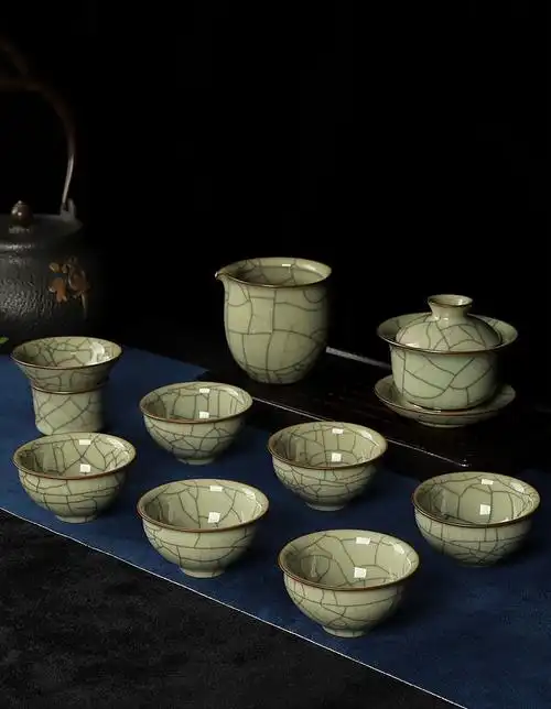 艾莹嘉 传世哥窑茶具套装龙泉青瓷功夫茶器茶道陶瓷冰裂纹盖碗茶杯送