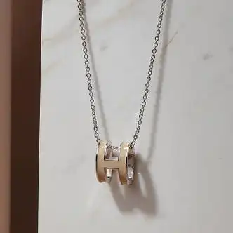 hermes/爱马仕项链女pop珐琅h字母玫瑰金情侣mini吊坠非二手 豆沙色