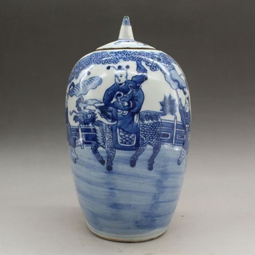 清乾隆青花麒麟送子盖罐冬瓜瓷器古董复古摆件收藏青花瓷家居摆设