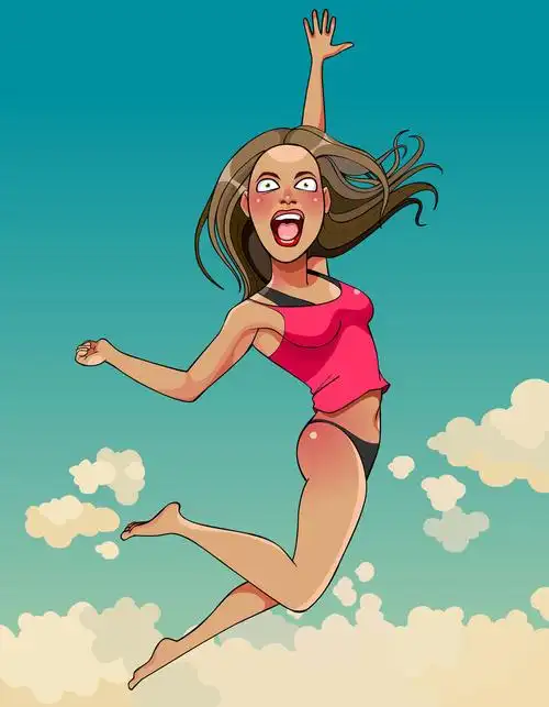 漂亮的深色比基尼女人在海滩上跳得很开心