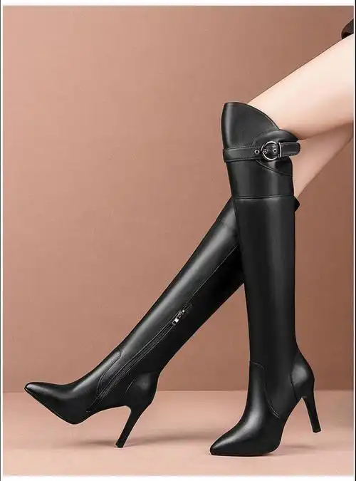 长筒女靴冬细高跟2021秋新款皮面加绒过膝长靴高跟靴子女细跟高筒靴