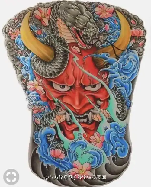 潍坊市化妆师的传统彩色满背般若水浪刺青手稿图案