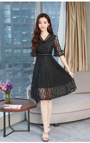 艾格米萱 蕾丝裙子女网纱连衣裙夏装气质淑女v领修身中长款仙女裙